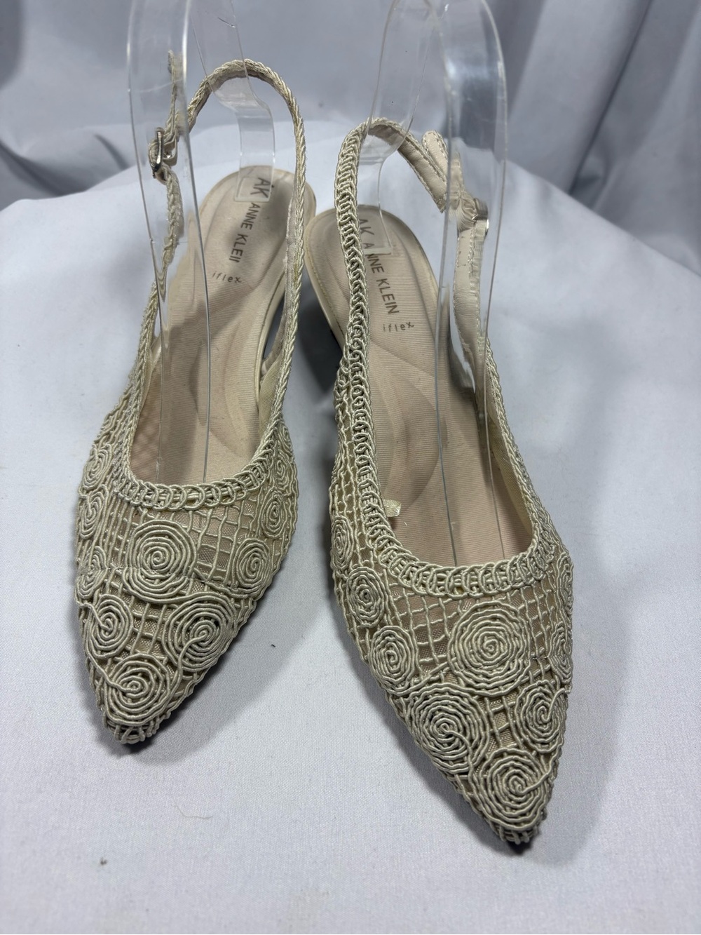Anne Klein Womens Beige Pointed-Toe Kitten Heel Sling backs Sz 7M
